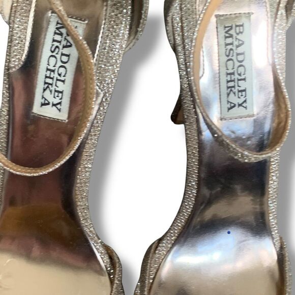 Badgley Mischka Gold Glitter Heels Size 9 Zip Back Strappy Platform Stilettos - Picture 8 of 11